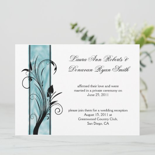 02 黒の花模様の渦巻き ティールストライプ 結婚式後 招待状 (スタンド正面)