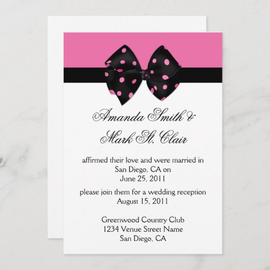 03ピンクブラック水玉模様ポストウェディングレセプション 招待状 (正面/裏面)