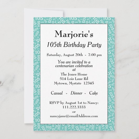 05th誕生日パーティーティール(緑がかった色)/ホワイトナンバーパターン 招待状 (正面)