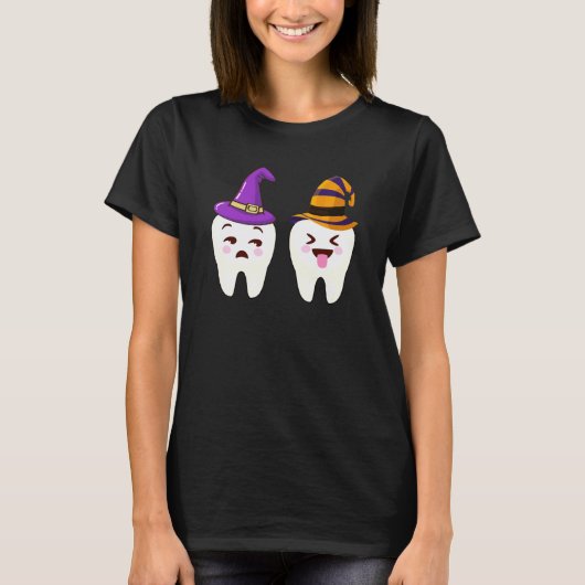 0 おもしろい歯の魔女の帽子 歯科助手 歯医者さん ハロウィン Tシャツ (正面)