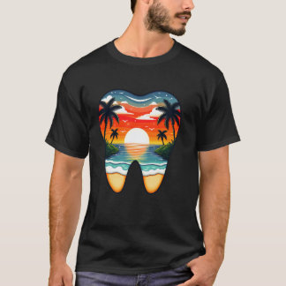 0 ビンテージ歯医者歯サンセットヤシの木歯科衛生士H Tシャツ