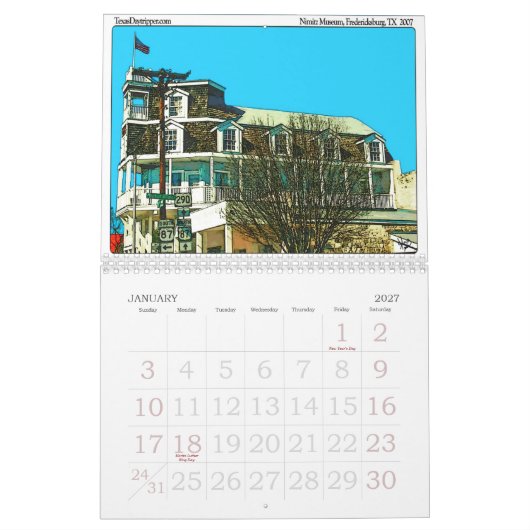 0-2011カレンダーFredericksburg、TX カレンダー (1月 2027)