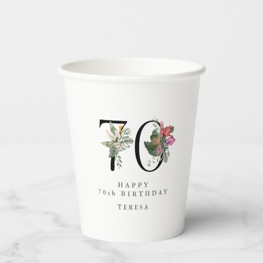 0th Birthday Cheers with Name Tropical Floral 紙コップ (裏面)