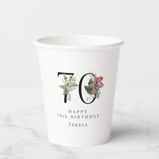 0th Birthday Cheers with Name Tropical Floral 紙コップ (正面)