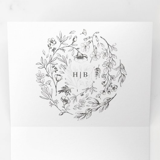 1つにまとめて |植物学クラシック花模様の結婚 三つ折り招待状 (内部最初)