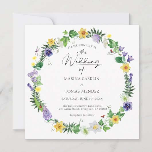 1つにまとめて |素朴な水の色ワイルドフラワーウェディング 招待状 (正面)
