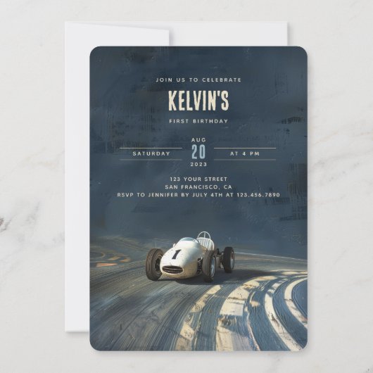 1つにズーム：ヴィンテージレースカー誕生日 招待状 (裏面)