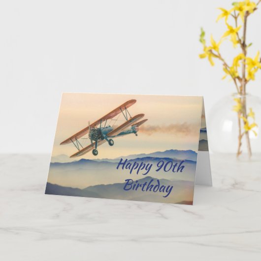 1つのおもしろいモデルからのヴィンテージの飛行機90誕生日 カード (黄色い花)