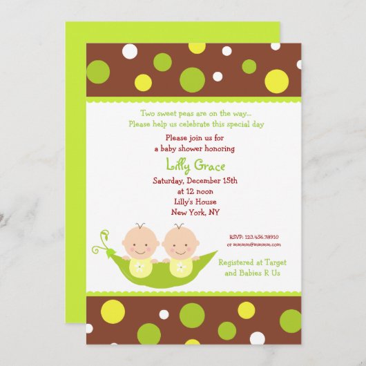 1つのさやの双子の2つの豆ベビーシャワー招待状 招待状 (正面/裏面)
