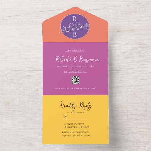 1つのはっきりした招待状に明るい結婚ピンク色の オールインワン招待状 (内側)