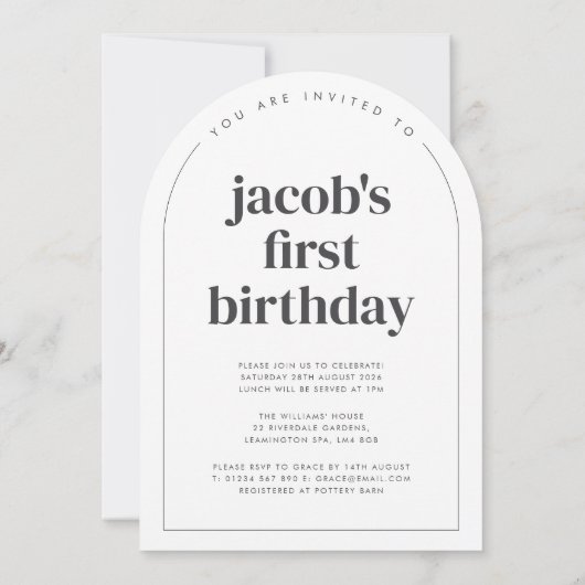 1つのアーチ型フォトファースト誕生日 招待状 (裏面)