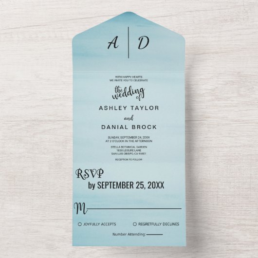 1つのエレガント結婚式でほこりっぽい青空を招待 オールインワン招待状 (内側)