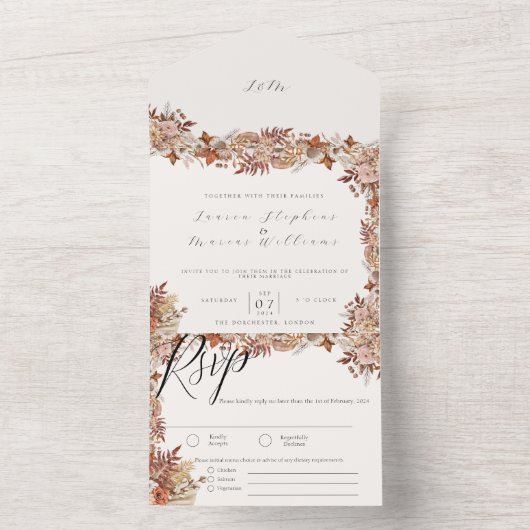 1つのエレガント結婚式で秋のフローラを招待 オールインワン招待状 (内側)
