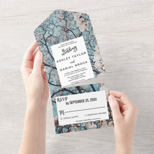 1つのエレガント結婚式で緑のフローラをすべて招待 オールインワン招待状 (貼ってはがせる)