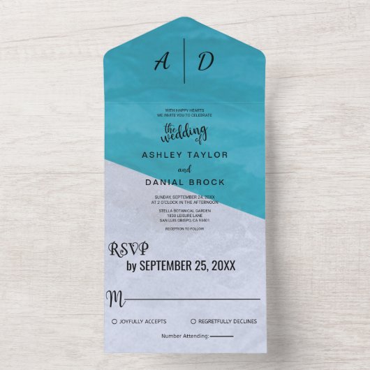 1つのエレガント結婚式で青い灰色の素朴な招待 オールインワン招待状 (内側)