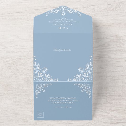 1つのエレガント結婚式の招待でほこりっぽい青 オールインワン招待状 (外側)
