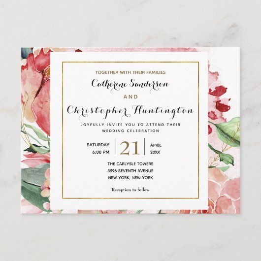 1つのエレガント結婚式招待状でフローラをすべてピンクにする ポストカード (正面)