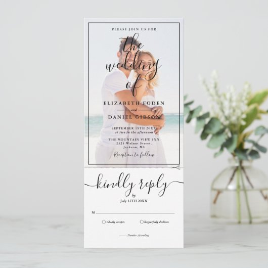 1つのエレガント結婚式招待状で写真をすべてスクリプト化 招待状 (スタンド正面)