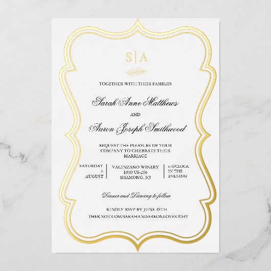 1つのエレガント金ゴールドにモノグラム結婚 箔招待状 (正面)