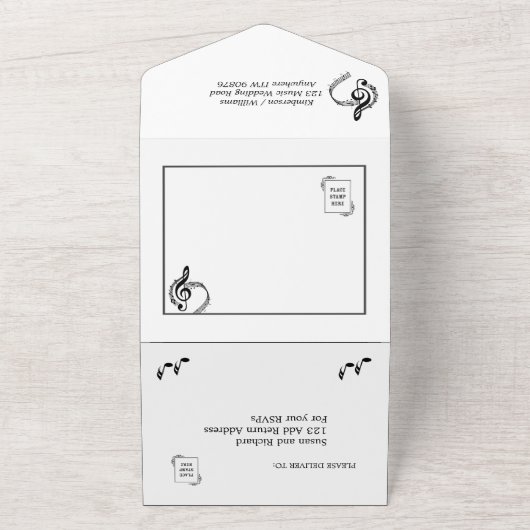 1つのエレガントInvでRSVPを使用した音楽のテーマ オールインワン招待状 (外側)