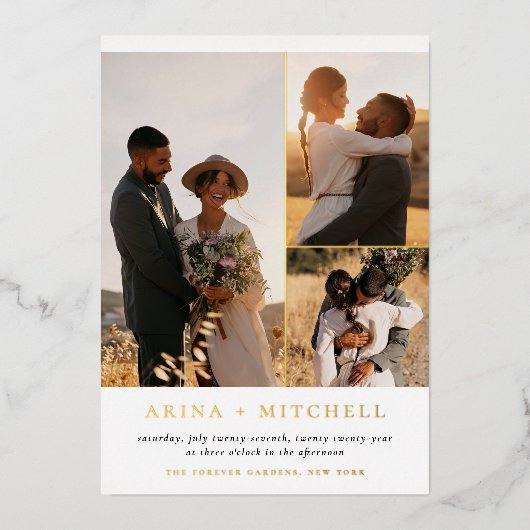 1つのエレガントQRコード内の光沢のあるすべて3結婚写真 箔招待状 (正面)