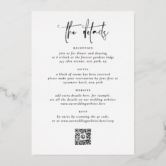 1つのエレガントQRコード内の光沢のあるすべて3結婚写真 箔招待状 (裏面)