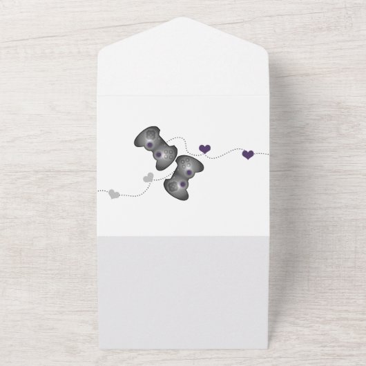 1つのオタク系の結婚式でゲーマー全員 | パープル オールインワン招待状 (外側)
