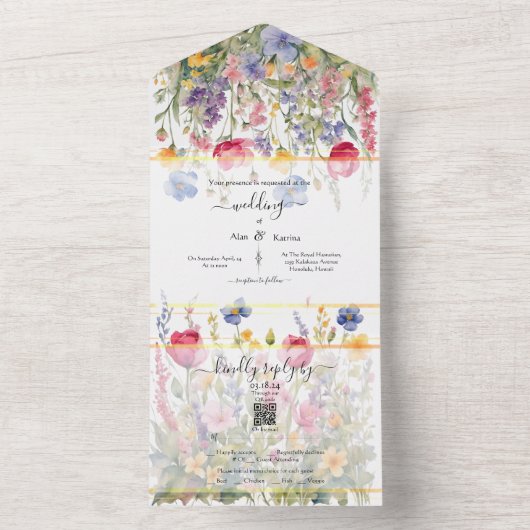 1つのカラフル結婚式でワイルドフラワーを招待 オールインワン招待状 (内側)