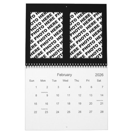 1つのカレンダーに34枚の写真を追加する赤黒 カレンダー (2月 2026)