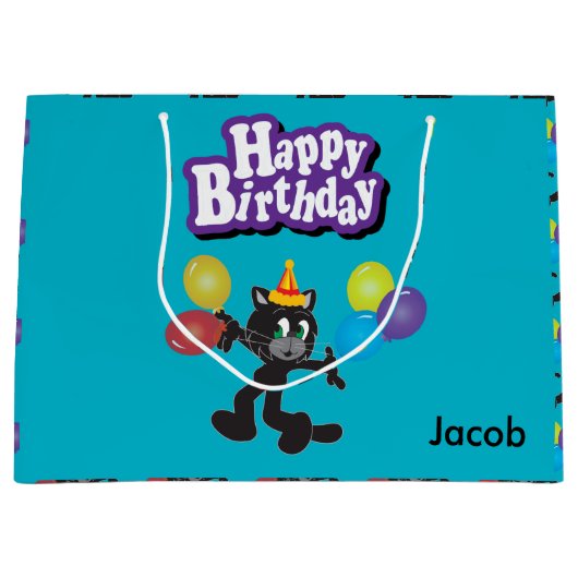 1つのクールな猫の誕生日の気球 ラージペーパーバッグ (正面)