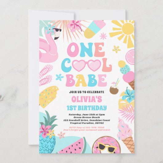 1つのクールバベトロピカルサマー1st誕生日パーティー 招待状 (正面)