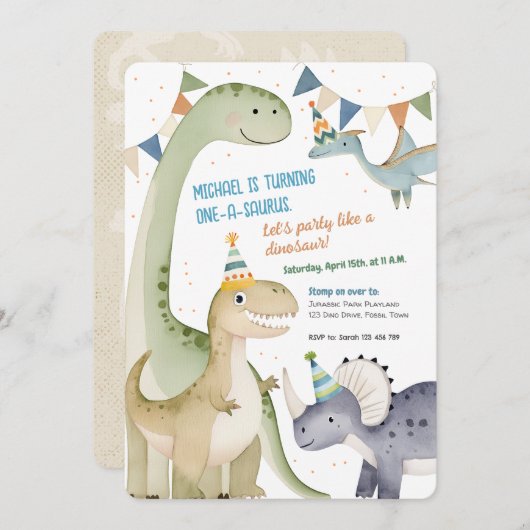 1つのサウルスかわいい男の子1歳の誕生日の恐竜 招待状 (正面/裏面)