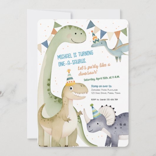 1つのサウルスかわいい男の子1歳の誕生日の恐竜 招待状 (正面)