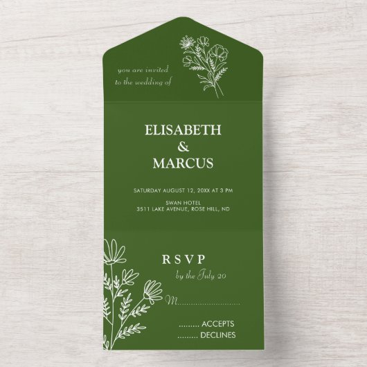 1つのシンプル招待rsvpカード内のすべての緑色 オールインワン招待状 (内側)
