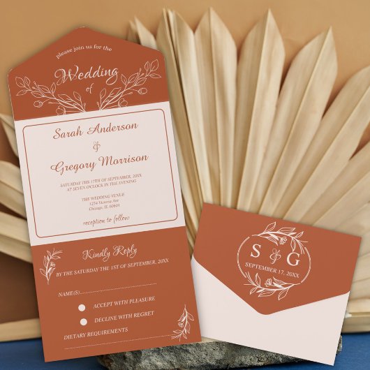 1つのシンプル結婚式のすべてのフローラを招待 オールインワン招待状