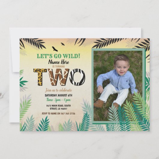 1つのジャングルの第2誕生会2のサファリの動物園の写真 招待状 (正面)