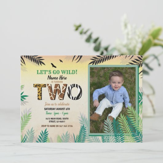 1つのジャングルの第2誕生会2のサファリの動物園の写真 招待状 (スタンド正面)