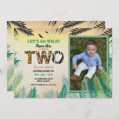 1つのジャングルの第2誕生会2のサファリの動物園の写真 招待状 (正面/裏面)