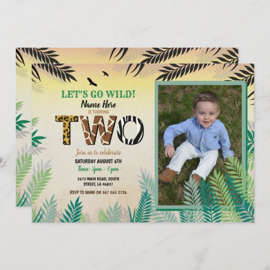 1つのジャングルの第2誕生会2のサファリの動物園の写真 招待状 (正面/裏面)