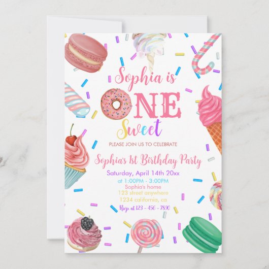 1つのスイートガールドナッツピンクデザート1st誕生日 招待状 (正面)