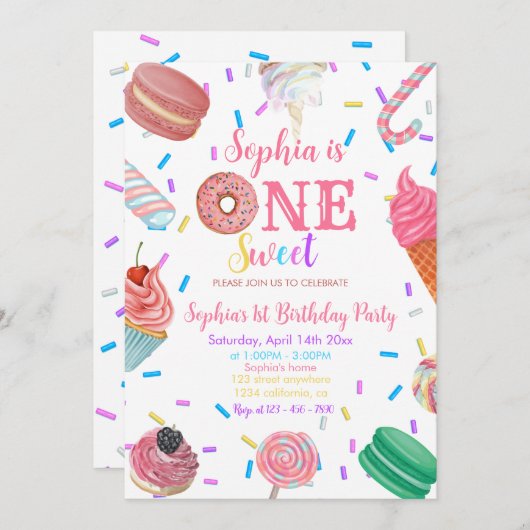 1つのスイートガールドナッツピンクデザート1st誕生日 招待状 (正面/裏面)