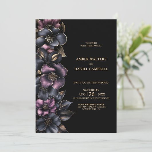 1つのスタイリッシュほこりっぽいピンク色の灰色のフローラ結婚 招待状 (スタンド正面)