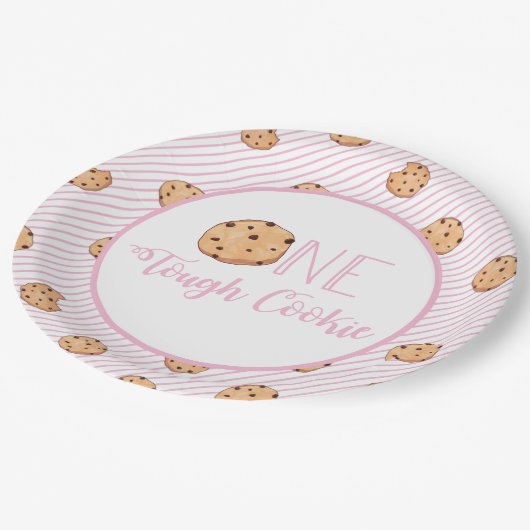 1つのタフなクッキーとピンクのストライプ誕生日 ペーパープレート (アングル)