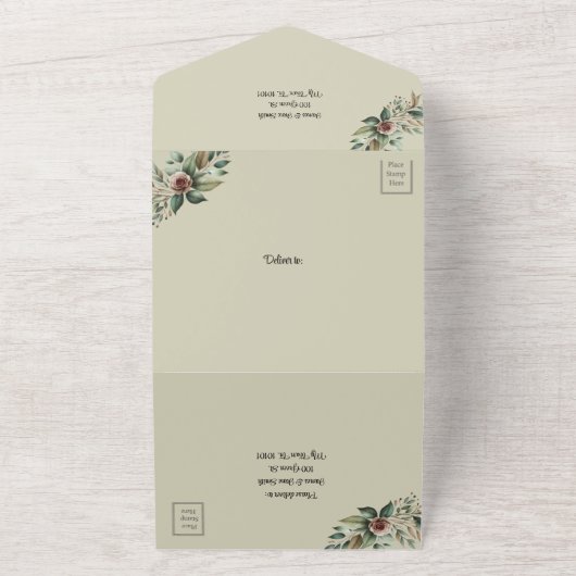 1つのデザインに2つの要素が組み込まれた結婚式招待状 - バンドアと花 オールインワン招待状 (外側)