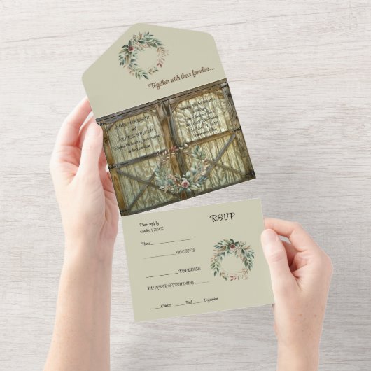 1つのデザインに2つの要素が組み込まれた結婚式招待状 - バンドアと花 オールインワン招待状 (貼ってはがせる)