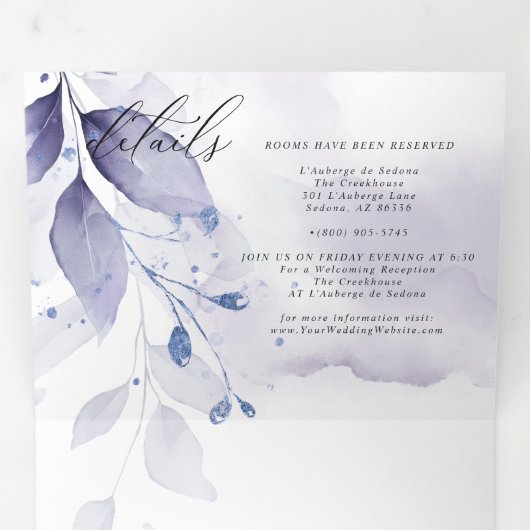 1つのトリフォルの水の色の紫結婚色の葉 三つ折り招待状 (内部最初)