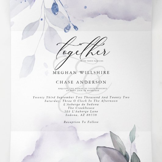 1つのトリフォルの水の色の紫結婚色の葉 三つ折り招待状 (内部中)