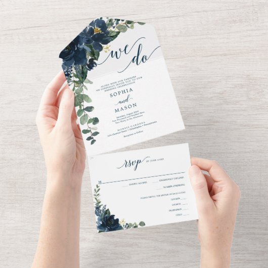 1つのネイビーエレガントド王室のウェディング招待 オールインワン招待状 (貼ってはがせる)