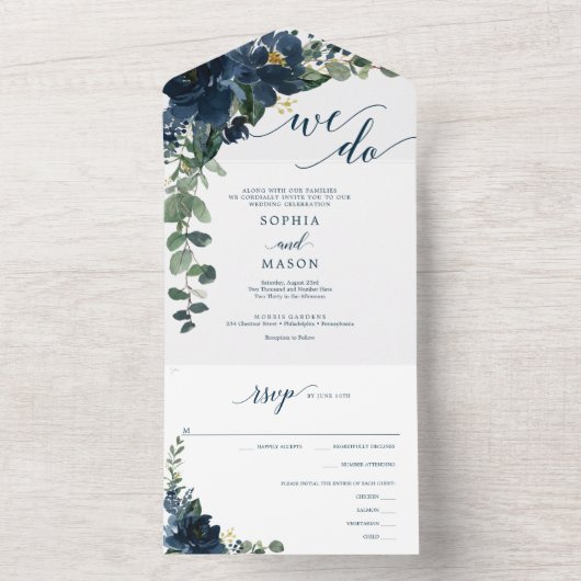 1つのネイビーエレガントド王室のウェディング招待 オールインワン招待状 (内側)