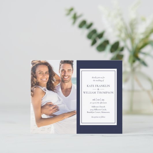 1つのネイビーブルーフォトウェディング招待で予算を全て (スタンド正面)